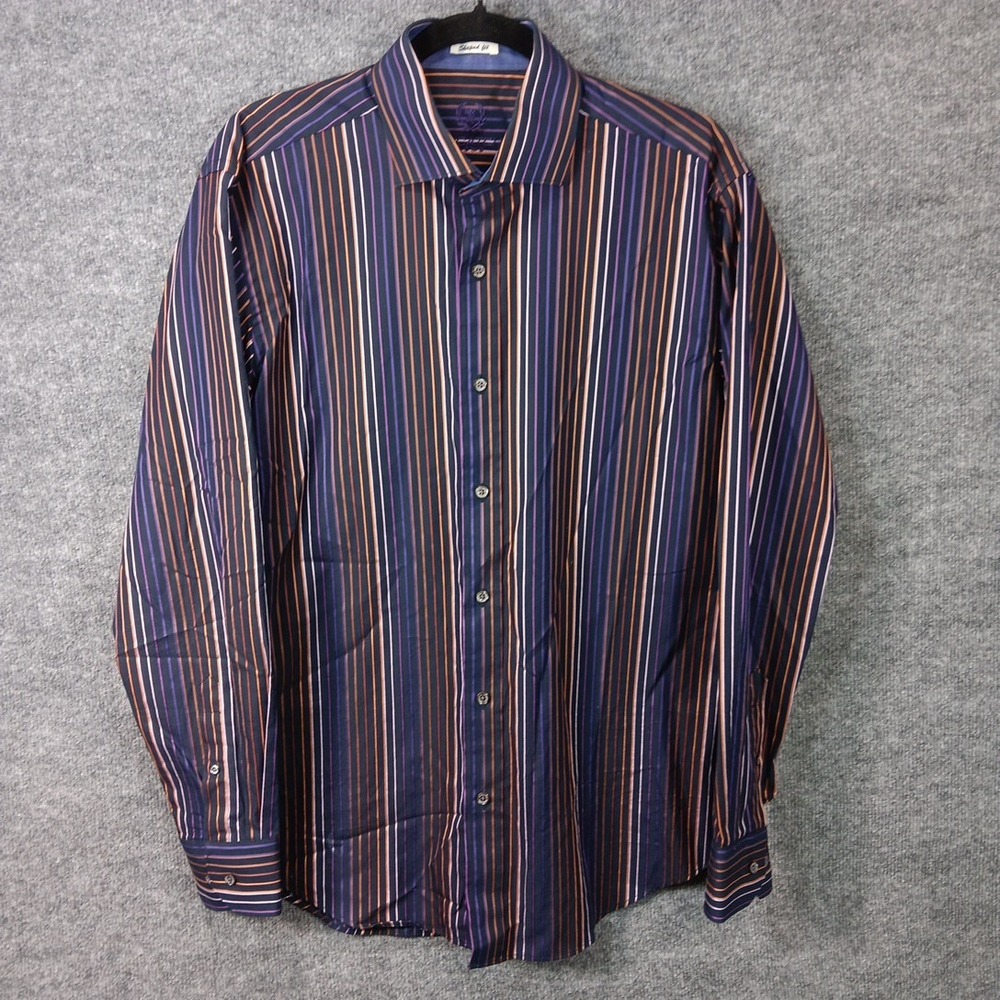 Bugatchi Uomo Shaped Fit Dress Shirt Mens Large Multicolor Stripe Spread Collar